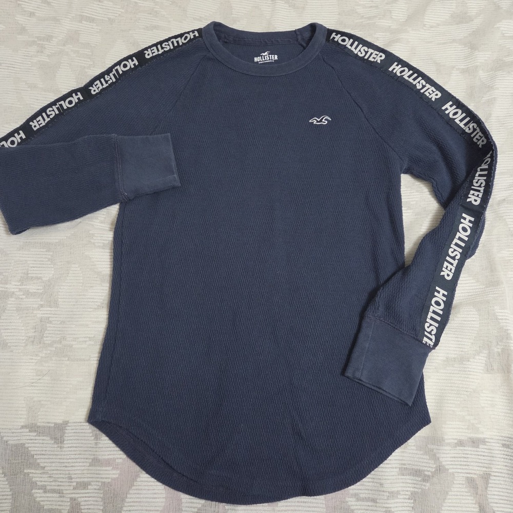 Hollister Mens Shirt XS Blue Thermal Waffle Knit Logo Sleeve Hipster Y2K Preppy
